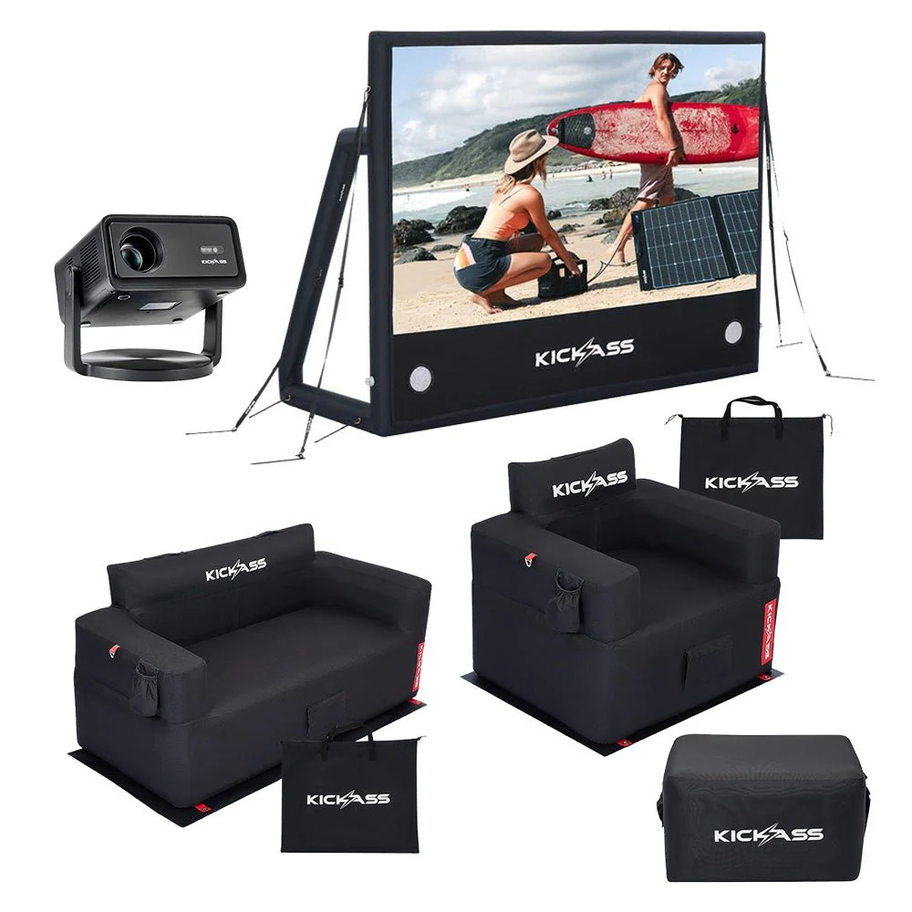 KickAss 120" AirScreen Bundle with Smart Projector, Inflatable Sofa, Armchair and Ottoman